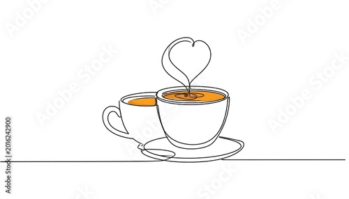 Two Coffee Cups In Minimalist Continuous Line Art Style With Orange Accents And Steam Forming A Heart Shape Isolated On White Background