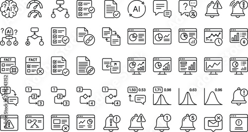 AI hallucination monitoring outline icon collection with fact checking alerts confidence scores and validation workflow symbols for app design