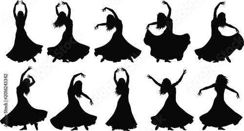 Schilderij op canvas Black, and, white, belly, dance, silhouette, set, of, ten, poses, flowing, dress