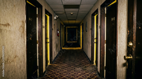 Dim Hallway with Closed Doors