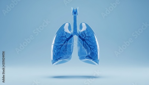 Clear blue lungs float above a soft gradient background. Lungs appear translucent, revealing intricate branching structures. The trachea extends upward, connecting to the airways