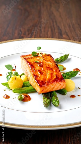 Seared Salmon Fillet With Glaze Gourmet Style Orange And Green Plated On Green Asparagus And Potatoes Elegant White Plate On Dark Wooden Table