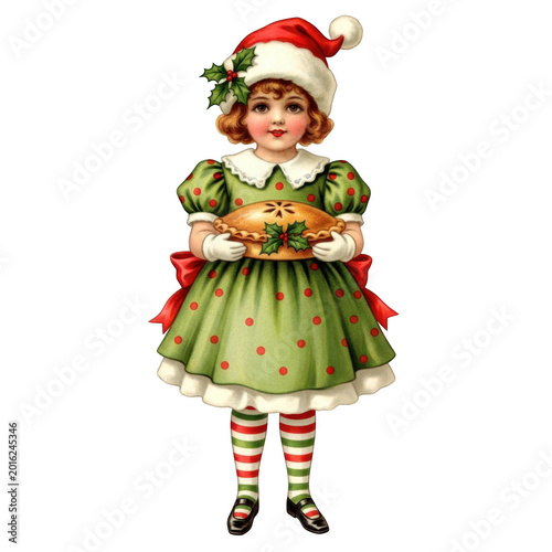 Young girl in holiday attire holding a wreath isolated on transparent background