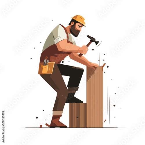 Man in hard hat hammering wood.