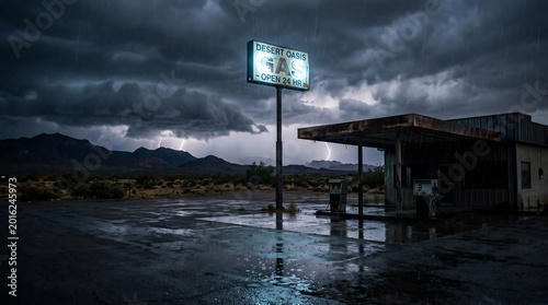 Abandoned Gas Station Under Stormy Sky