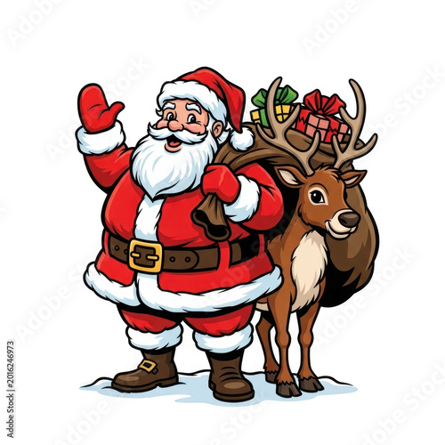 Santa claus and reindeer preparing for christmas delivery isolated on transparent background