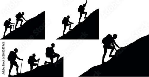 Foto Silhouettes of hikers climbing steep mountain slope vector illustration set