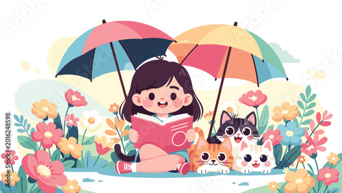 Girl sitting with cat reading book.