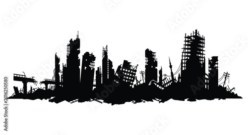 Canvastavla Destroyed city skyline silhouette against a white background