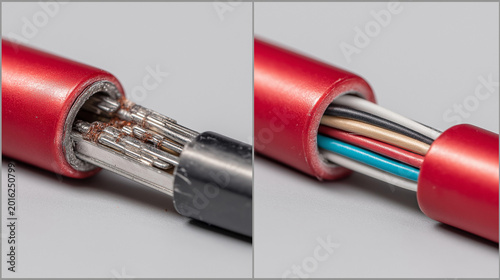 Comparison of a frayed, damaged electrical cable with exposed wires against a neatly terminated and protected cable with colorful insulated wires.