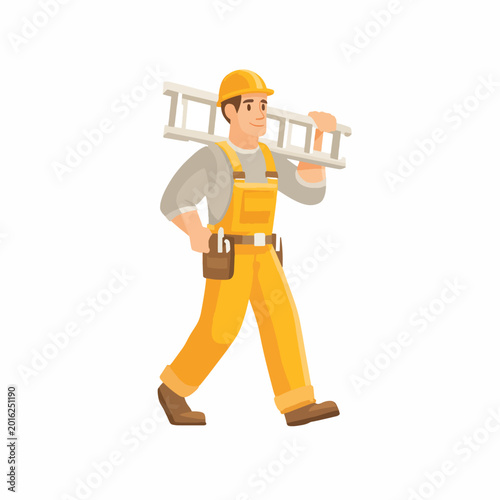Man wearing yellow work uniform carrying ladder.