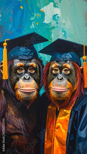 Two Orangutans In Black Graduation Caps And Gowns With Orange Tassels Posing Against A Teal Abstract Painted Background Digital Illustration