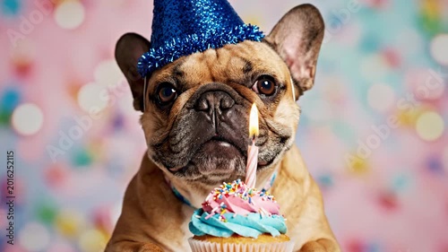 French Bulldog Birthday with Cupcake - An adorable French bulldog wearing a blue party hat holds a pastel colored cupcake with a lit candle.