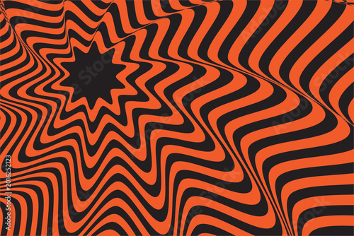 Psychedelic optical illusion background, distorted orange and black wavy lines, trippy hypnotic pattern for creative posters and digital art