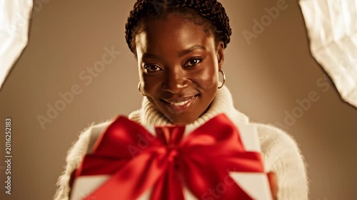 African Woman Holding Gift Box - A beautiful African woman wearing a soft sweater smiles gently as she holds a wrapped gift box with a red bow.
