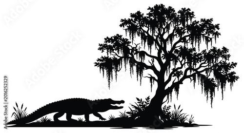 Alligator and spanish moss tree silhouette high quality
