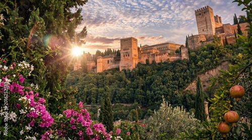 Alhambra Palace Complex at Sunset with Blooming Flowers and Pomegranates