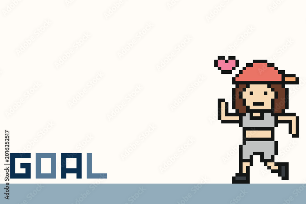 Fototapeta premium Cute background blank woman girl run exercise marathon race with gym,exercise,cartoon,8 bit.