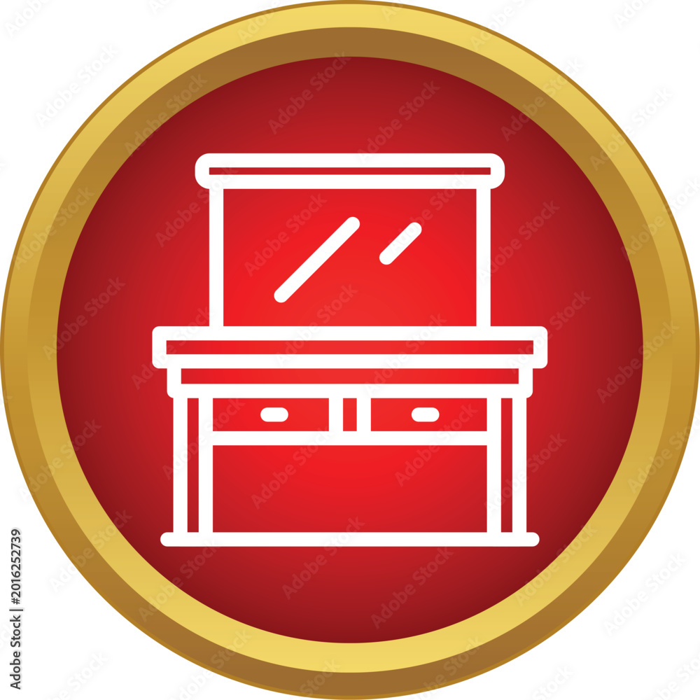Fototapeta premium Dressing table with mirror and drawers in a red circle icon design