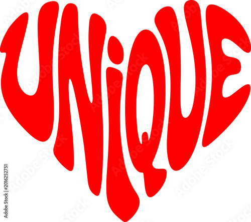 illustration of the word “Unique” arranged in a heart shape.