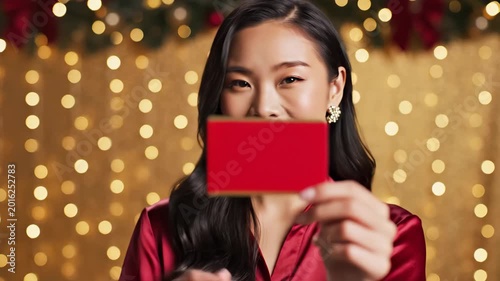 Asian woman holding a red gift card for holiday promotion - A smiling Asian woman in a red shirt holds a red gift card close to her face, against a shimmering gold background.