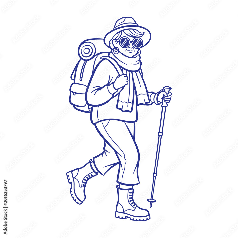 Fototapeta premium Adventurous Grandma Hiking Illustration