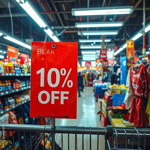 Red 10 Percent Off Discount Sign Hanging In A Grocery Store Aisle With Blurred Supermarket Background And Bright Overhead Lighting