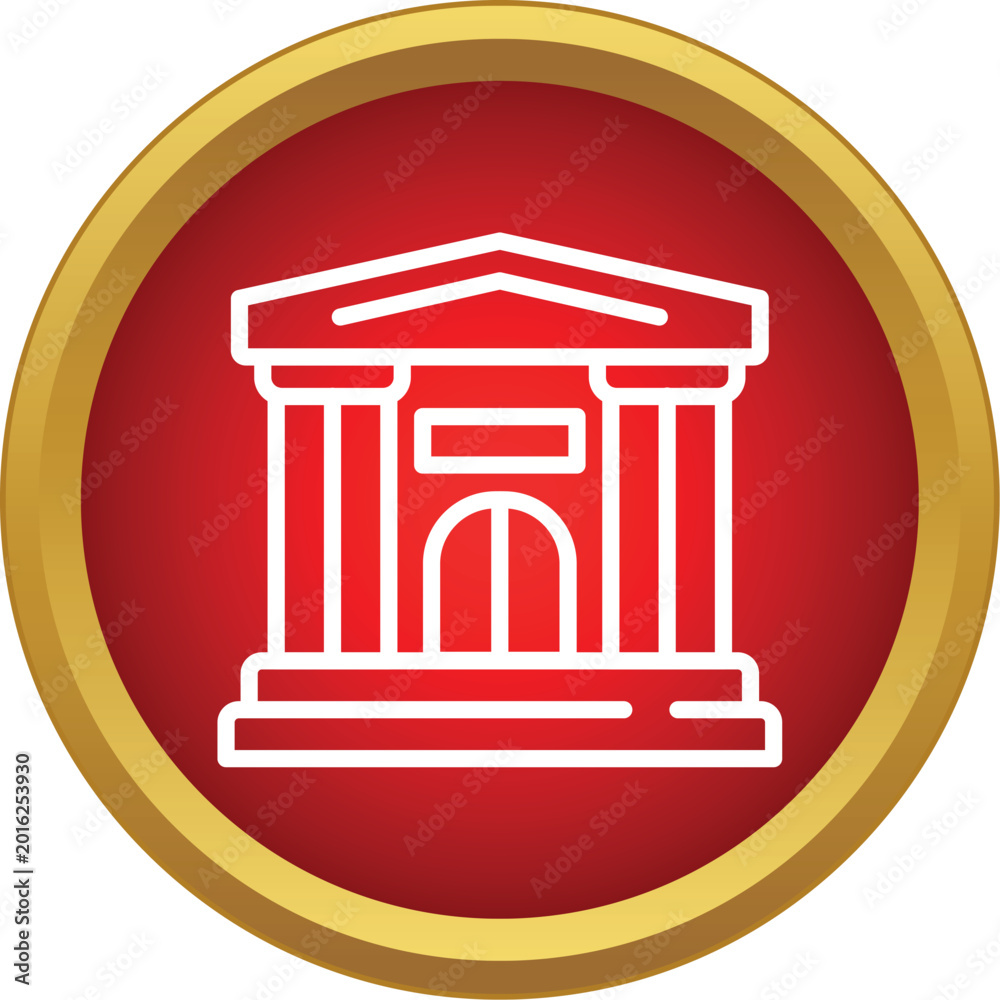 Fototapeta premium White outline of a building with columns and pediment inside a round red button with gold border