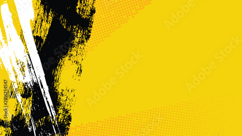 Foto A yellow background with slanted, contrasting black and white streaks and halftone dots