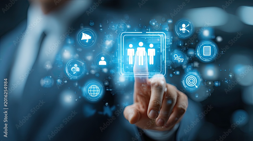 Fototapeta premium Human-centric digital interface with abstract glowing icons