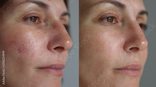 A comparison shows a woman's face with a noticeable blemish and uneven skin tone on the left, contrasted with a clear and smooth complexion on the right after treatment.