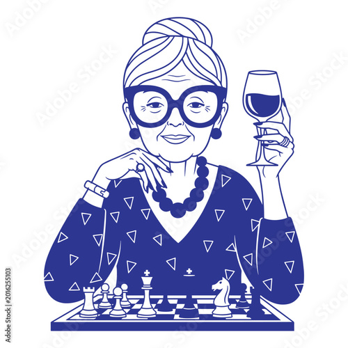 Stylish Grandma Playing Chess With Wine Illustration