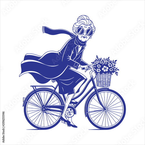 Stylish Grandma Riding Bicycle Illustration 