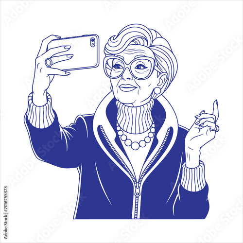 Stylish Grandma Taking Selfie Illustration