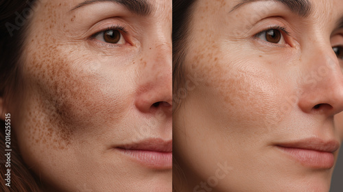 A woman's facial skin is split, with the left side showing significant hyperpigmentation and dark spots, and the right side revealing a dramatically improved, clearer, and more even complexion.