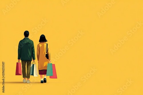 Couple Holding Shopping Bags Walking Away on Yellow Background.