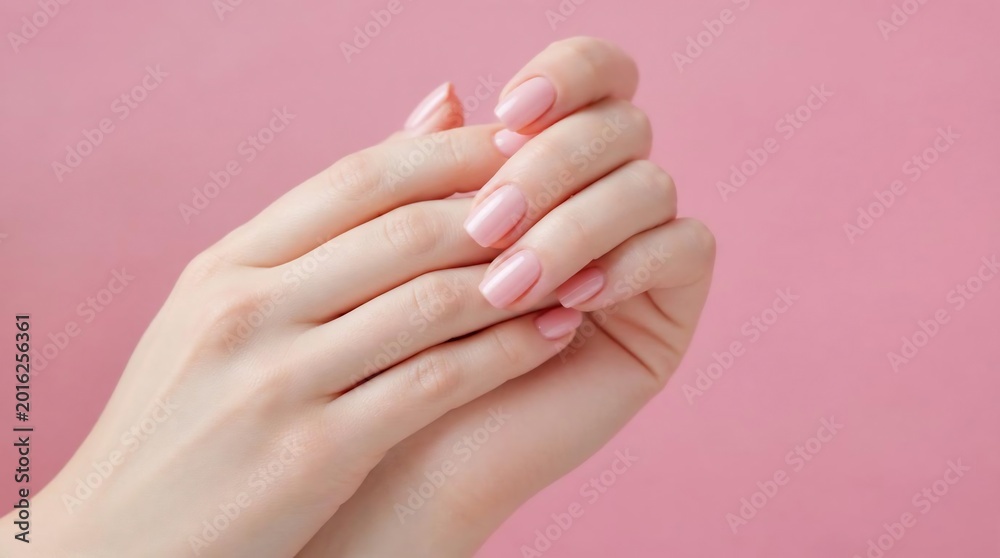 Naklejka premium Elegant female hands with soft pink manicure on pink background
