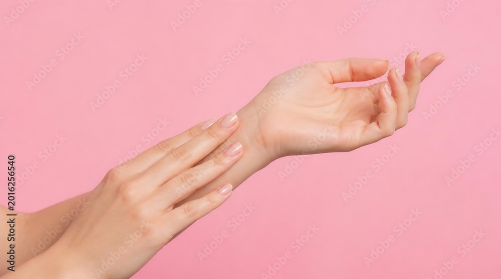 Naklejka premium Beautiful female hands touching wrist on pink background