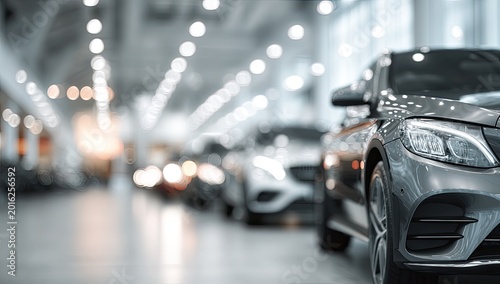 Modern Luxury Cars Lined Up in Showroom with Bokeh Lights.
