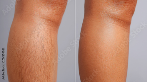 Comparison of a woman's leg showing dense hair before and smooth, hairless skin after professional hair removal treatment.