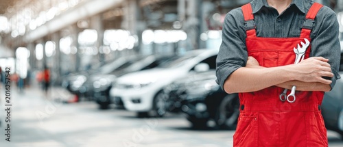 Mechanic in Red Overalls Holding Wrenches in Auto Repair Shop with Cars Lined Up.
