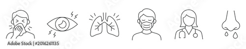 Tableau sur toile Flu and allergy line icon set featuring sneezing, itchy eyes, lungs, face mask, doctor, runny nose, virus and medicine