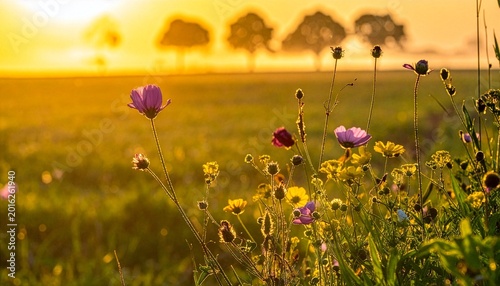 Wildflowers blooming in a field during golden hour sunset