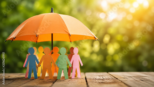 Colorful Paper People Under Umbrella Protection Concept