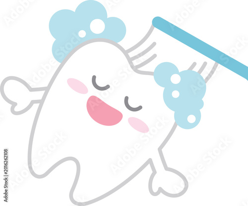 Foto 歯ブラシに磨かれるかわいい歯のキャラクター