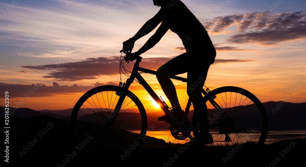 Obraz premium Silhouette of a person cycling a bicycle on a hill against a vibrant sunset sky over mountains and water.