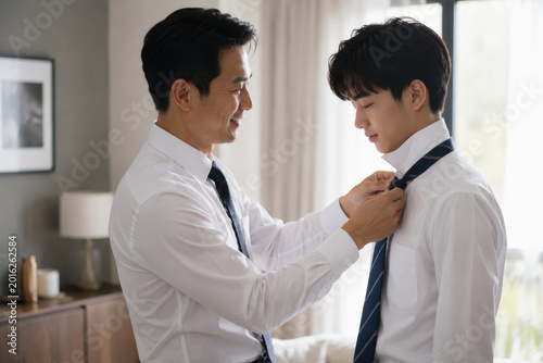 Father adjusting son necktie before school or formal event