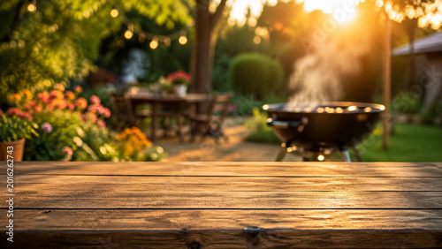 Wooden Table With Backyard Barbecue at Sunset