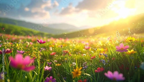 Vibrant wildflower meadow in sunny mountain landscape at golden hour