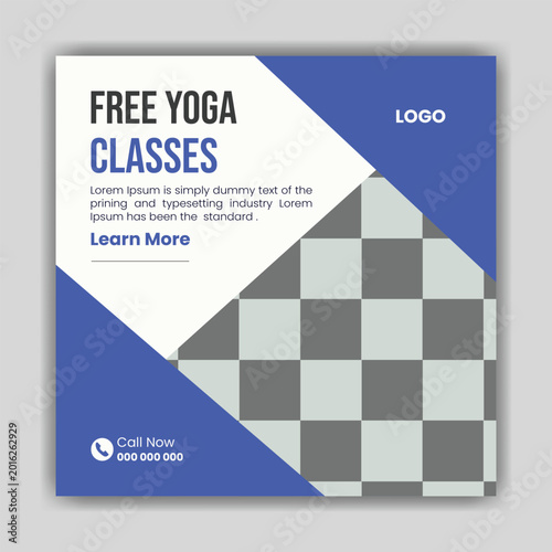  A flyer for free yoga classes with a blue, white, and gray color scheme and a checkered pattern.